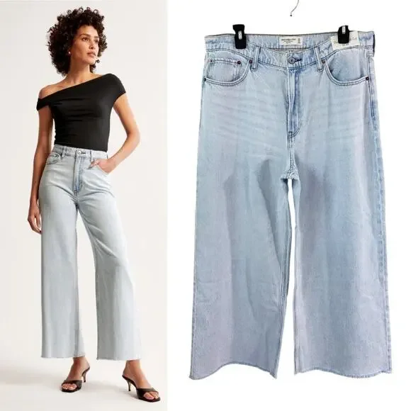 NWT Abercrombie & Fitch Light Blue High Rise The Crop Wide Leg Jeans Women's 31 - Picture 9 of 9